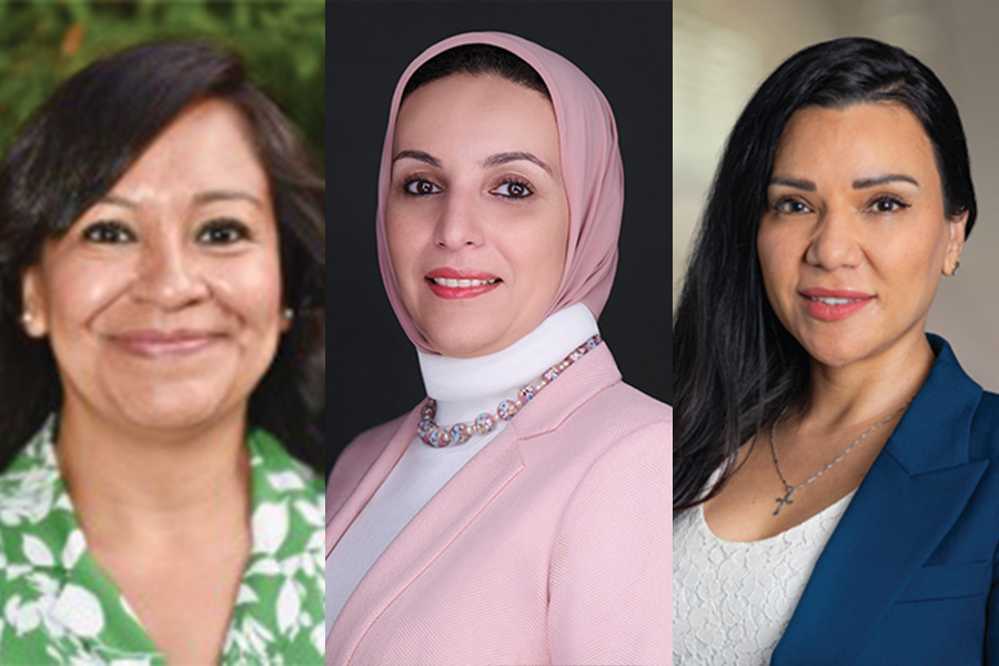 A photo collage of three women: Lucy Dominguez, Essraa Nawar, and Gabriela Castaneda.